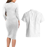 Samoan DNA Art Tattoo Couples Matching Long Sleeve Bodycon Dress and Hawaiian Shirt Polynesian Pattern All White LT03 - Polynesian Pride