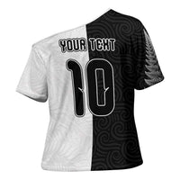 Custom New Zealand Football Cross Shoulder Shirt Silver Fern and Maori Tribal Black White Half Sporty Style LT03 - Polynesian Pride