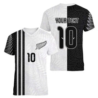 Custom New Zealand Football Women V-Neck T-Shirt Silver Fern and Maori Tribal Black White Half Sporty Style LT03 - Polynesian Pride