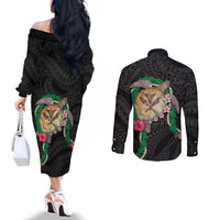 Hawaii Pikake and Maile Lei Couples Matching Off The Shoulder Long Sleeve Dress and Long Sleeve Button Shirt Honu Polynesian Pattern Black Color