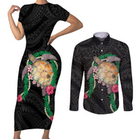 Hawaii Pikake and Maile Lei Couples Matching Short Sleeve Bodycon Dress and Long Sleeve Button Shirt Honu Polynesian Pattern Black Color LT03 Black - Polynesian Pride