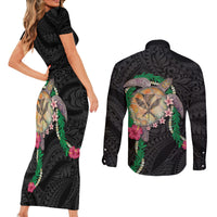 Hawaii Pikake and Maile Lei Couples Matching Short Sleeve Bodycon Dress and Long Sleeve Button Shirt Honu Polynesian Pattern Black Color LT03 - Polynesian Pride
