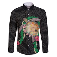 Hawaii Pikake and Maile Lei Family Matching Off Shoulder Maxi Dress and Hawaiian Shirt Honu Polynesian Pattern Black Color