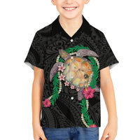 Hawaii Pikake and Maile Lei Kid Hawaiian Shirt Honu Polynesian Pattern Black Color