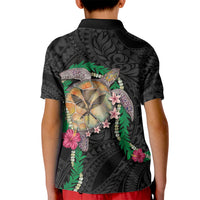 Hawaii Pikake and Maile Lei Kid Polo Shirt Honu Polynesian Pattern Black Color
