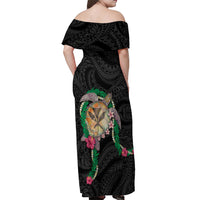 Hawaii Pikake and Maile Lei Off Shoulder Maxi Dress Honu Polynesian Pattern Black Color LT03 - Polynesian Pride