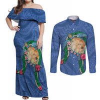 Hawaii Pikake and Maile Lei Couples Matching Off Shoulder Maxi Dress and Long Sleeve Button Shirt Honu Polynesian Pattern Blue Color