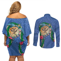 Hawaii Pikake and Maile Lei Couples Matching Off Shoulder Short Dress and Long Sleeve Button Shirt Honu Polynesian Pattern Blue Color