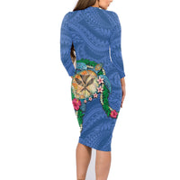 Hawaii Pikake and Maile Lei Family Matching Long Sleeve Bodycon Dress and Hawaiian Shirt Honu Polynesian Pattern Blue Color