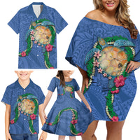 Hawaii Pikake and Maile Lei Family Matching Off Shoulder Short Dress and Hawaiian Shirt Honu Polynesian Pattern Blue Color LT03 - Polynesian Pride