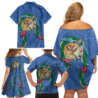 Hawaii Pikake and Maile Lei Family Matching Off Shoulder Short Dress and Hawaiian Shirt Honu Polynesian Pattern Blue Color LT03 - Polynesian Pride