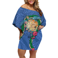 Hawaii Pikake and Maile Lei Family Matching Off Shoulder Short Dress and Hawaiian Shirt Honu Polynesian Pattern Blue Color LT03 Mom's Dress Blue - Polynesian Pride