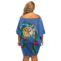 Hawaii Pikake and Maile Lei Family Matching Off Shoulder Short Dress and Hawaiian Shirt Honu Polynesian Pattern Blue Color LT03 - Polynesian Pride