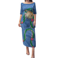 Hawaii Pikake and Maile Lei Family Matching Puletasi and Hawaiian Shirt Honu Polynesian Pattern Blue Color LT03 Mom's Dress Blue - Polynesian Pride