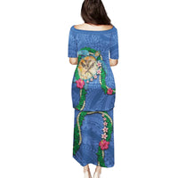 Hawaii Pikake and Maile Lei Family Matching Puletasi and Hawaiian Shirt Honu Polynesian Pattern Blue Color LT03 - Polynesian Pride