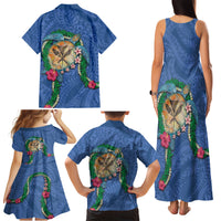 Hawaii Pikake and Maile Lei Family Matching Tank Maxi Dress and Hawaiian Shirt Honu Polynesian Pattern Blue Color LT03 - Polynesian Pride