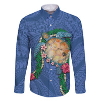 Hawaii Pikake and Maile Lei Family Matching Tank Maxi Dress and Hawaiian Shirt Honu Polynesian Pattern Blue Color LT03 Dad's Shirt - Long Sleeve Blue - Polynesian Pride