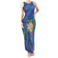Hawaii Pikake and Maile Lei Family Matching Tank Maxi Dress and Hawaiian Shirt Honu Polynesian Pattern Blue Color LT03 Mom's Dress Blue - Polynesian Pride