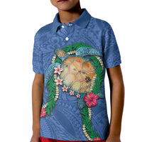 Hawaii Pikake and Maile Lei Kid Polo Shirt Honu Polynesian Pattern Blue Color