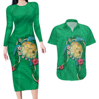 Hawaii Pikake and Maile Lei Couples Matching Long Sleeve Bodycon Dress and Hawaiian Shirt Honu Polynesian Pattern Green Color
