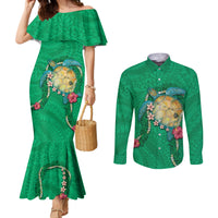 Hawaii Pikake and Maile Lei Couples Matching Mermaid Dress and Long Sleeve Button Shirt Honu Polynesian Pattern Green Color LT03 Green - Polynesian Pride