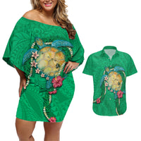 Hawaii Pikake and Maile Lei Couples Matching Off Shoulder Short Dress and Hawaiian Shirt Honu Polynesian Pattern Green Color