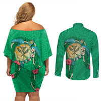 Hawaii Pikake and Maile Lei Couples Matching Off Shoulder Short Dress and Long Sleeve Button Shirt Honu Polynesian Pattern Green Color