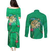 Hawaii Pikake and Maile Lei Couples Matching Puletasi and Long Sleeve Button Shirt Honu Polynesian Pattern Green Color