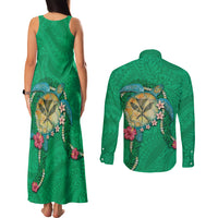 Hawaii Pikake and Maile Lei Couples Matching Tank Maxi Dress and Long Sleeve Button Shirt Honu Polynesian Pattern Green Color LT03 - Polynesian Pride