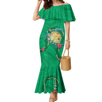 Hawaii Pikake and Maile Lei Family Matching Mermaid Dress and Hawaiian Shirt Honu Polynesian Pattern Green Color