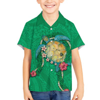 Hawaii Pikake and Maile Lei Family Matching Puletasi and Hawaiian Shirt Honu Polynesian Pattern Green Color LT03 Son's Shirt Green - Polynesian Pride