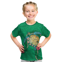 Hawaii Pikake and Maile Lei Kid T Shirt Honu Polynesian Pattern Green Color LT03 Green - Polynesian Pride