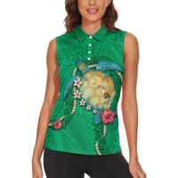 Hawaii Pikake and Maile Lei Women Sleeveless Polo Shirt Honu Polynesian Pattern Green Color