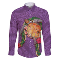 Hawaii Pikake and Maile Lei Family Matching Off Shoulder Maxi Dress and Hawaiian Shirt Honu Polynesian Pattern Pink Color LT03 Dad's Shirt - Long Sleeve Pink - Polynesian Pride