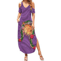 Hawaii Pikake and Maile Lei Family Matching Summer Maxi Dress and Hawaiian Shirt Honu Polynesian Pattern Pink Color LT03 Mom's Dress Pink - Polynesian Pride