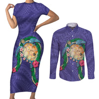 Hawaii Pikake and Maile Lei Couples Matching Short Sleeve Bodycon Dress and Long Sleeve Button Shirt Honu Polynesian Pattern Purple Color