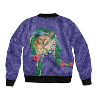 Hawaii Pikake and Maile Lei Sleeve Zip Bomber Jacket Honu Polynesian Pattern Purple Color