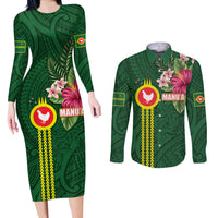 Manu'a Cession Day 120th Anniversary Couples Matching Long Sleeve Bodycon Dress and Long Sleeve Button Shirt Polynesian Pattern and Hibiscus Flower LT03 Green - Polynesian Pride
