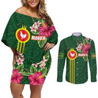 Manu'a Cession Day 120th Anniversary Couples Matching Off Shoulder Short Dress and Long Sleeve Button Shirt Polynesian Pattern and Hibiscus Flower LT03 Green - Polynesian Pride