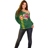 Manu'a Cession Day 120th Anniversary Off Shoulder Sweater Polynesian Pattern and Hibiscus Flower