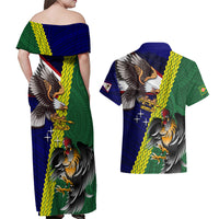 Manu'a Island and American Samoa Couples Matching Off Shoulder Maxi Dress and Hawaiian Shirt Rooster and Eagle Mascot LT03 - Polynesian Pride