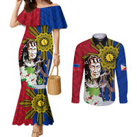 Philippines Lapu-Lapu Couples Matching Mermaid Dress and Long Sleeve Button Shirt Filipino Sun Tattoo With Yakan Pattern LT03 Red - Polynesian Pride