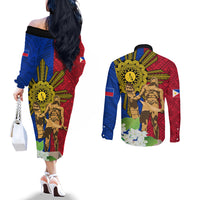 Philippines Lapu Lapu King Jasmine Flowers Couples Matching Off The Shoulder Long Sleeve Dress and Long Sleeve Button Shirt Filipino Sun Tattoo