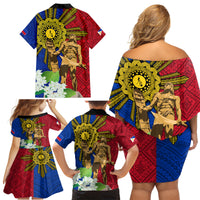 Philippines Lapu Lapu King Jasmine Flowers Family Matching Off Shoulder Short Dress and Hawaiian Shirt Filipino Sun Tattoo