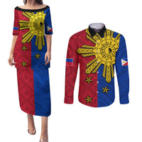 Philippines Sun Batok Tattoo Couples Matching Puletasi and Long Sleeve Button Shirt Polynesian and Yakan Pattern