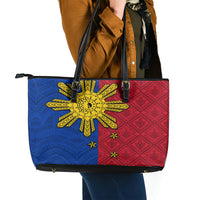 Philippines Sun Batok Tattoo Leather Tote Bag Polynesian and Yakan Pattern