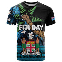 Fiji Day T Shirt Palm Tree With Plumeria Tapa Tribal Pattern LT03 Blue - Polynesian Pride
