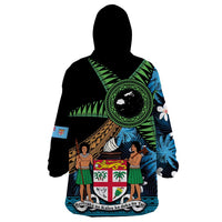 Fiji Day Wearable Blanket Hoodie Palm Tree With Plumeria Tapa Tribal Pattern
