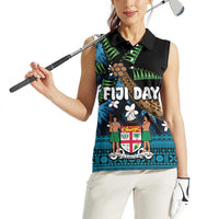 Fiji Day Women Sleeveless Polo Shirt Palm Tree With Plumeria Tapa Tribal Pattern