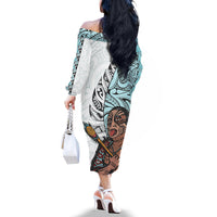 Maori Warrior Off The Shoulder Long Sleeve Dress Silver Fern New Zealand Map With Kowhaiwhai Pattern LT03 - Polynesian Pride